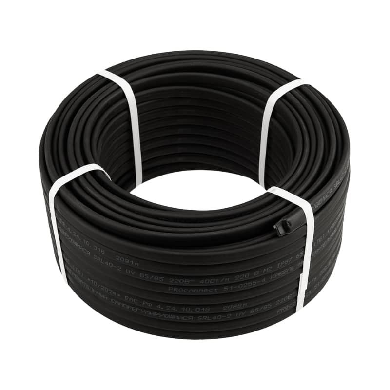 Кабель греющий (нагревательный) саморегулирующийся с УФ-защитой SRL40-2 UV, неэкранированный, 40Вт/м, 0,9мм2/40м, бухта 50м PROconnect 1