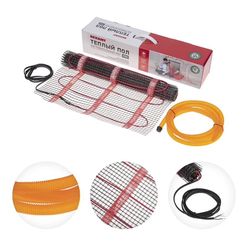 Тёплый пол, нагревательный мат PRO RNX-4-880 4м², 0,5х8м, 880Вт двухжильный, с экраном REXANT 3