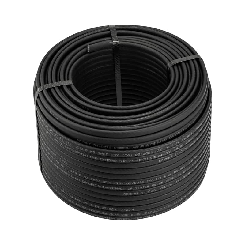 Кабель греющий (нагревательный) саморегулирующийся SRL24-2CR, экранированный, 24Вт/м, 0,9мм2/70м, бухта 100м REXANT 1