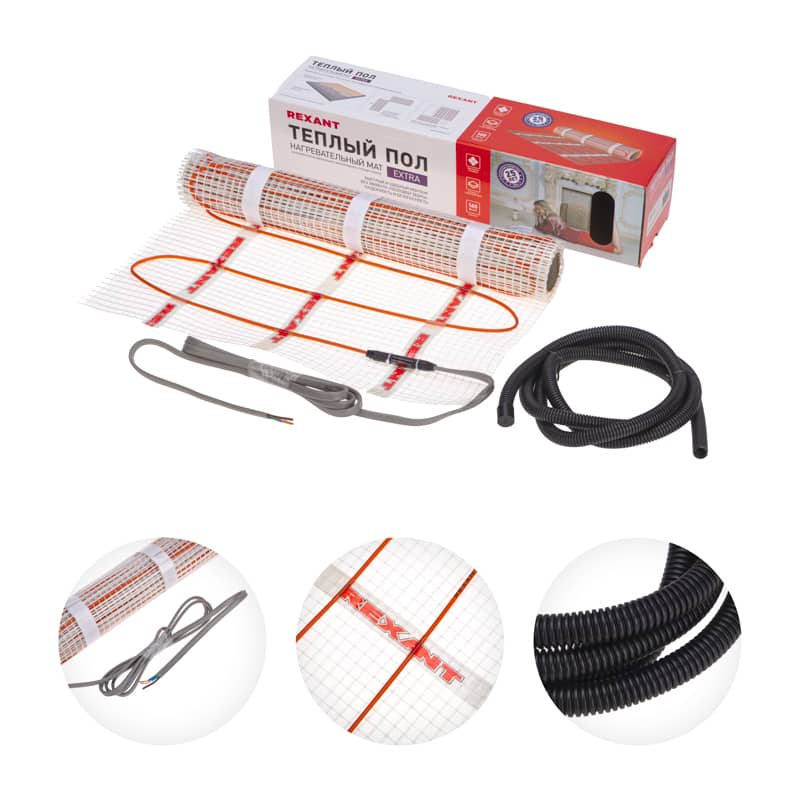 Теплый пол, нагревательный самоклеящийся мат Extra 0,7м², 0,5х1,4м, 112Вт двухжильный REXANT 3