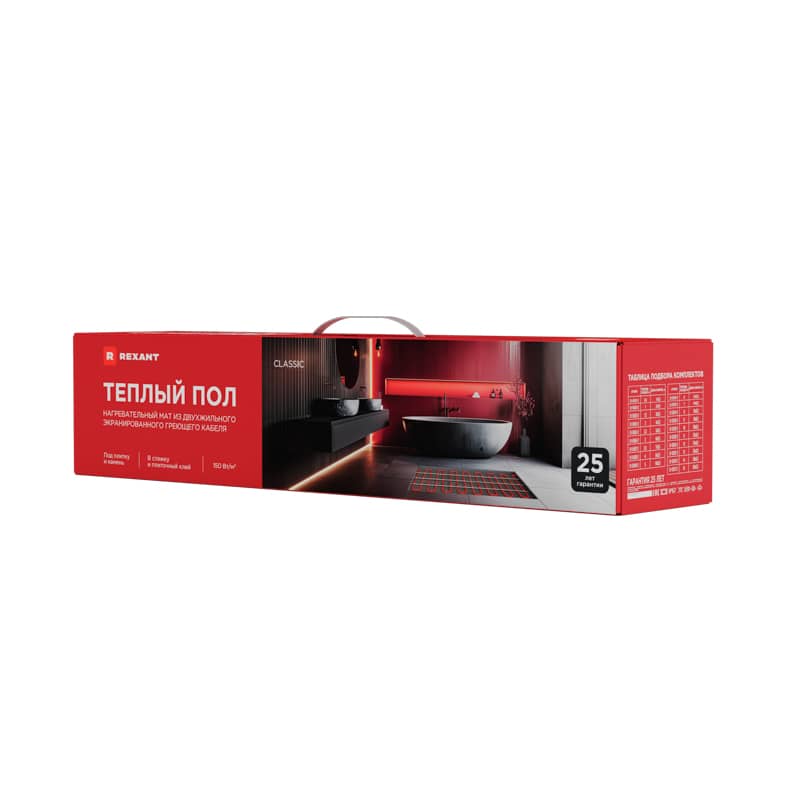Теплый пол, нагревательный мат Classic RNX-8-1200 8м², 0,5х16м, 1200Вт двухжильный, с экраном REXANT 5