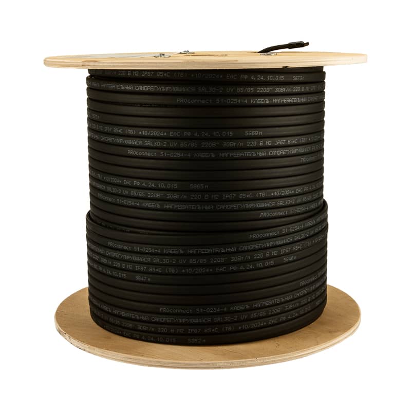 Кабель греющий (нагревательный) саморегулирующийся с УФ-защитой SRL30-2 UV, неэкранированный, 30Вт/м, 0,9мм2/55м, бухта 200м PROconnect 4