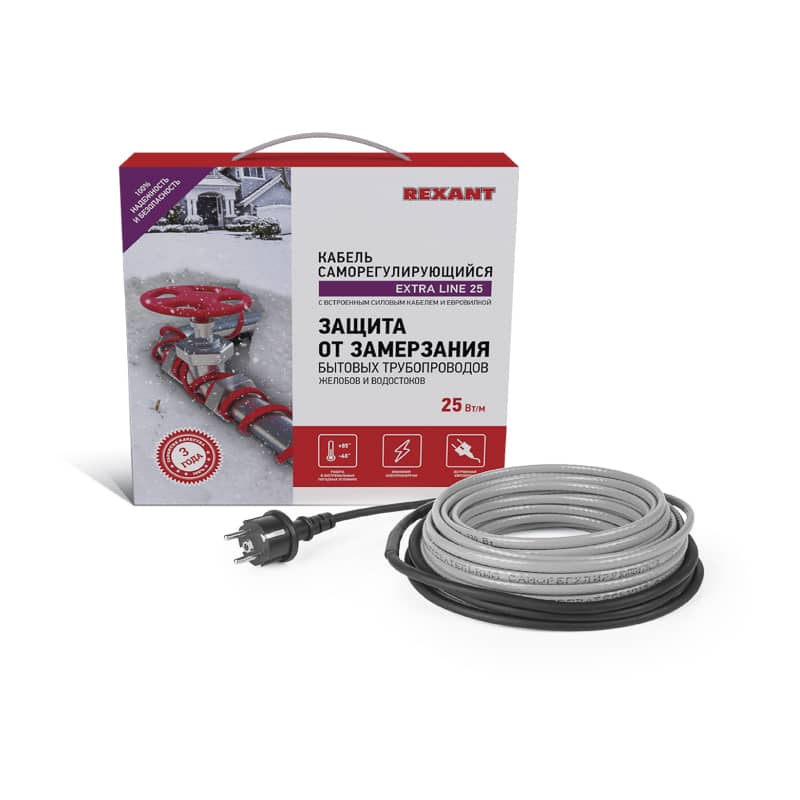Кабель греющий саморегулирующийся модель SRL Extra Line 25MSR-PB, на трубу, 15м/375Вт REXANT 1